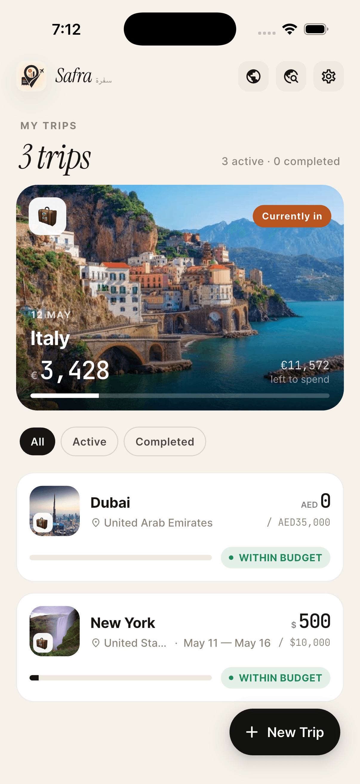 Safra app on iPhone showing the My Trips home screen